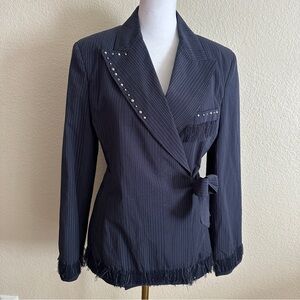 AGLINI Pinstriped 100% COTTON Studded Fringe Wrap Tie Blazer Blue White Sz. 42 M